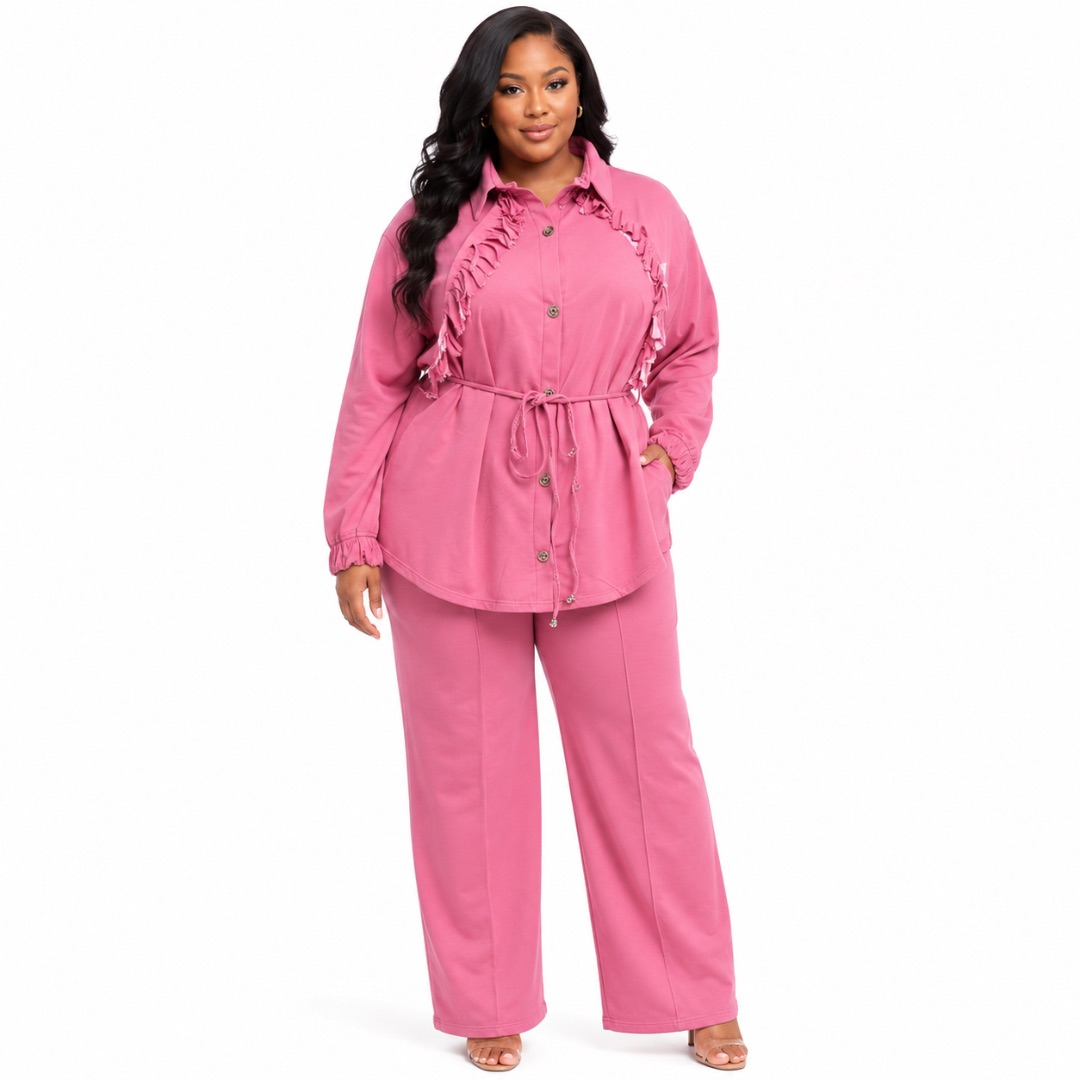 Fringed Belted Shirt and Straight Leg Trousers Set